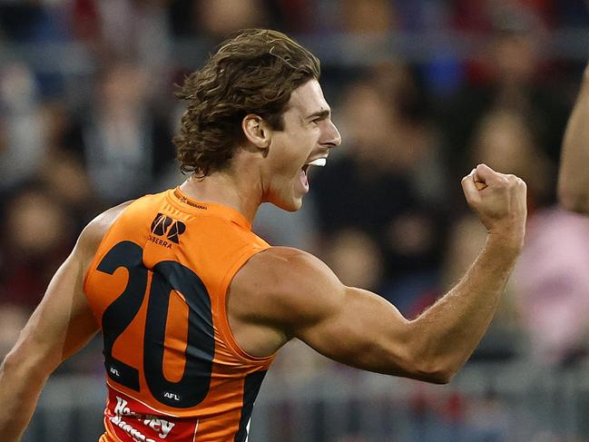 Giants James Peatling celebrates a goal during the AFL Semi Final match between the GWS Giants and Brisbane Lions at Engie Stadium on September 14, 2024. Photo by Phil Hillyard(Image Supplied for Editorial Use only - **NO ON SALES** - Â©Phil Hillyard )