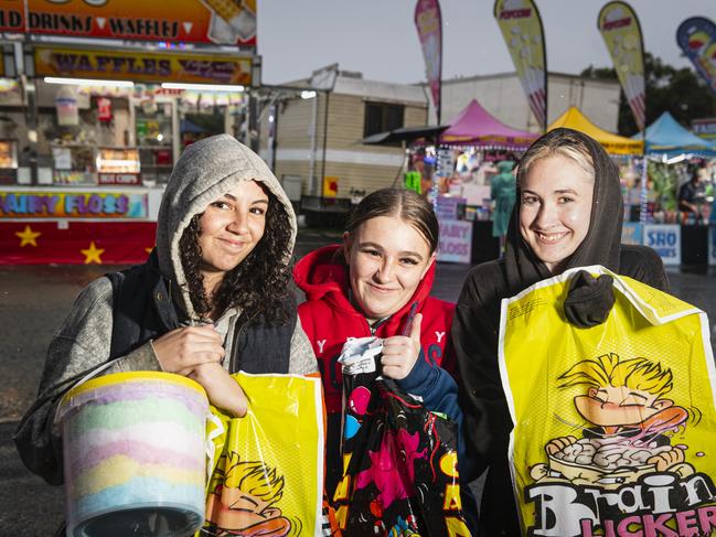 At the Toowoomba Royal Show are (from left) Alisha Cotter, Dakota Hodges and Chloe Carseldine, Saturday, April 20, 2024. Picture: Kevin Farmer