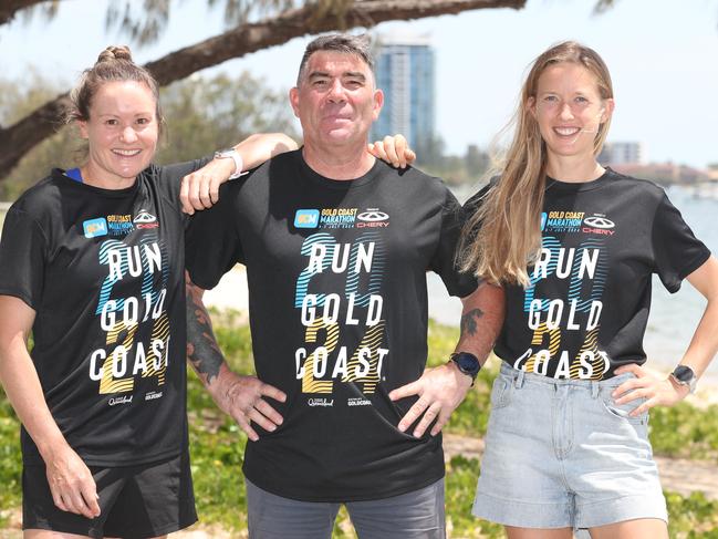 The new Gold Coast marathon Ambassadors , Benita Willis, Peter Rutland, and Erchana Murray-Bartlett, at the 2024 Gold Coast Marathon announcement at the Southport Broadwater. Picture Glenn Hampson