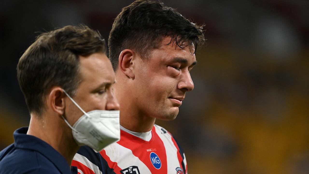 Joey Manu’s season was over after he was crunched by Latrell Mitchell in round 24 last year. Picture: NRL Photos