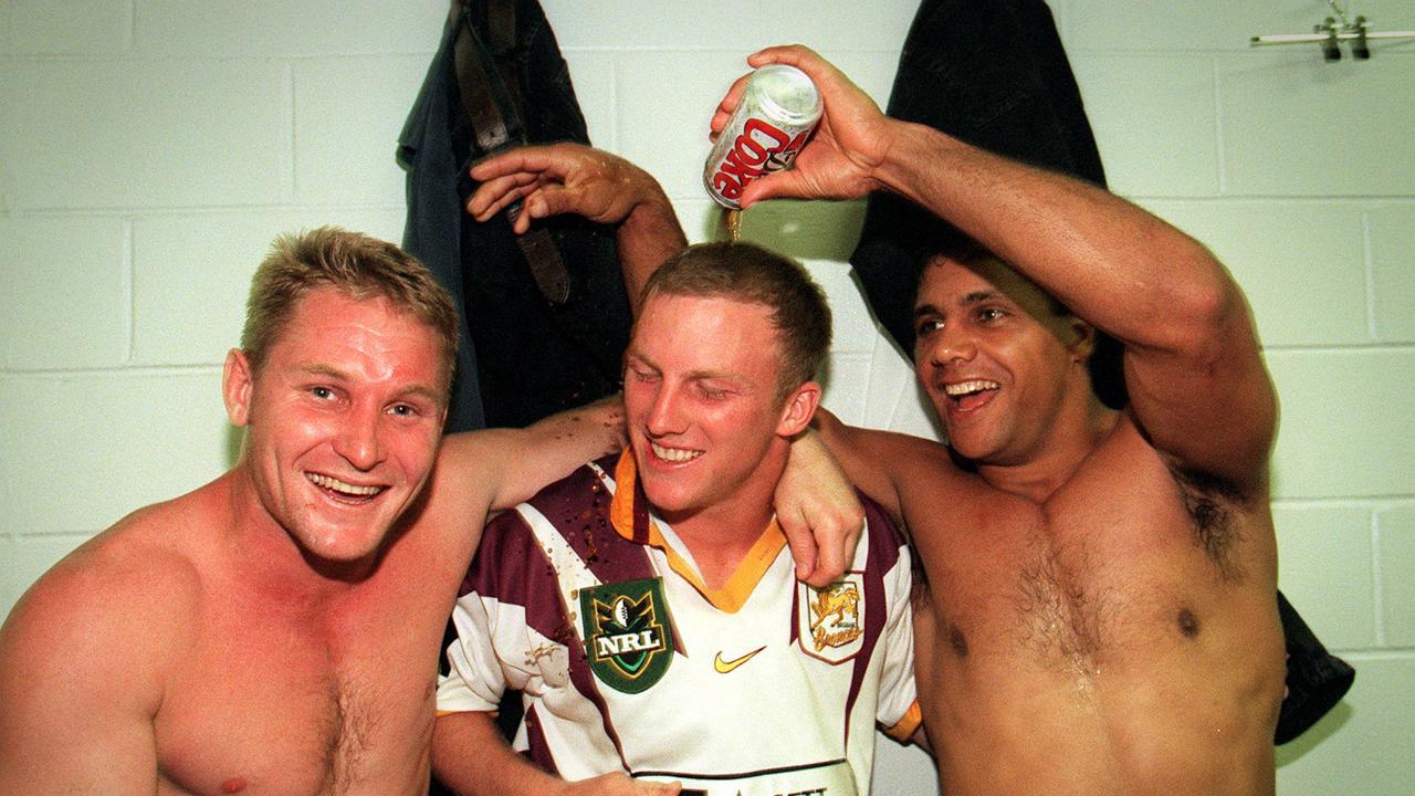 Max is the son of former Broncos premiership winner John Plath (left), here pictured alongside Darren Lockyer &amp; Steve Renouf after Brisbane defeated Sydney City Roosters in the preliminary final in 1998.