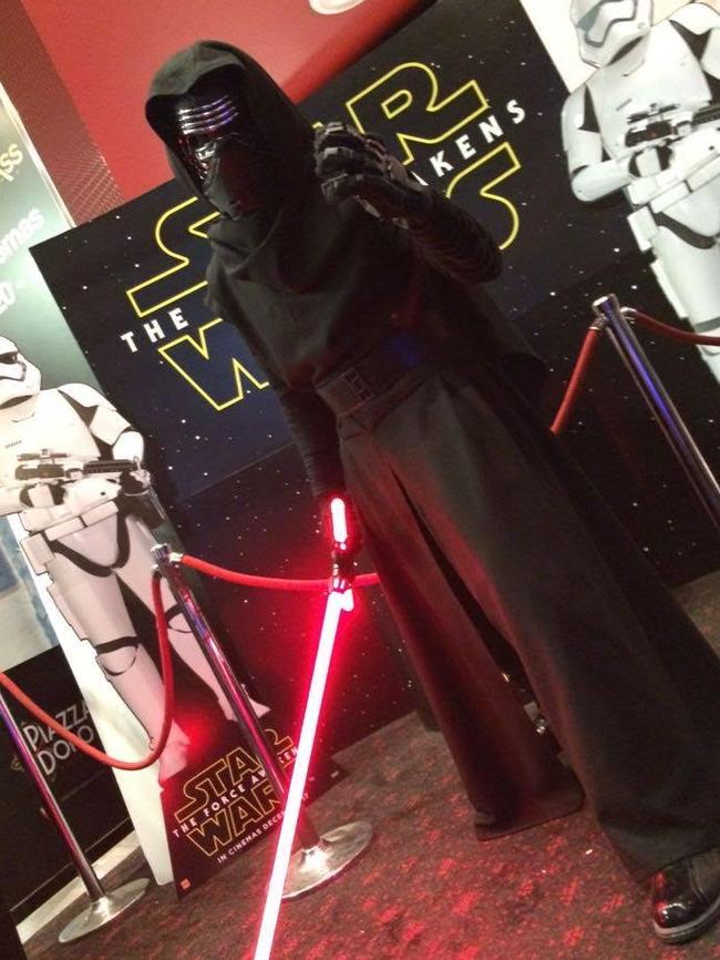 Star Wars fan reviewer Tristan Willes as Episode VII villain Kylo Ren at The Force Awakens premiere at Event Cinemas Marion. Picture: Natston Productions
