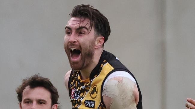 Liam McBean from Glenelg reacts after scoring a goal during the Round 12 SANFL match between Norwood and Glenelg at Norwood Oval in Adelaide, Saturday, July 8, 2023. (SANFL Image/David Mariuz)