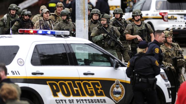 Officers secure the scene after multiple people were shot at the Tree of Life Congregation. Picture: Alexandra Wimley/Pittsburgh Post-Gazette via AP