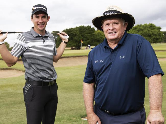 Lucas Herbert and Peter Senior Professional Golf Players posing at Royal Queensland Golf Club at 431 Curtin Rd West, Eagle Farm, Brisbane, 7th of May 2020. (News Corp/Attila Csaszar)