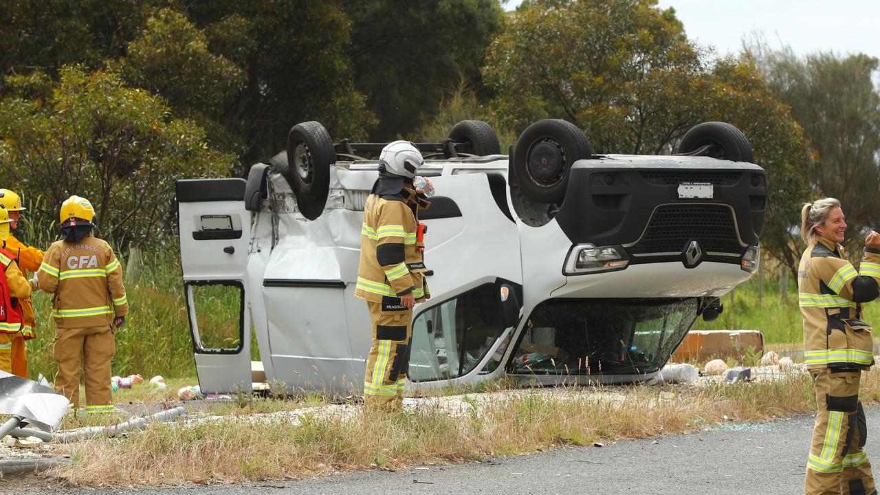 A van was flipped onto its roof after a collision with a 4WD at the intersection of Swan Bay Rd and the Portarlington-Queenscliff Rd. Picture: Alison Wynd