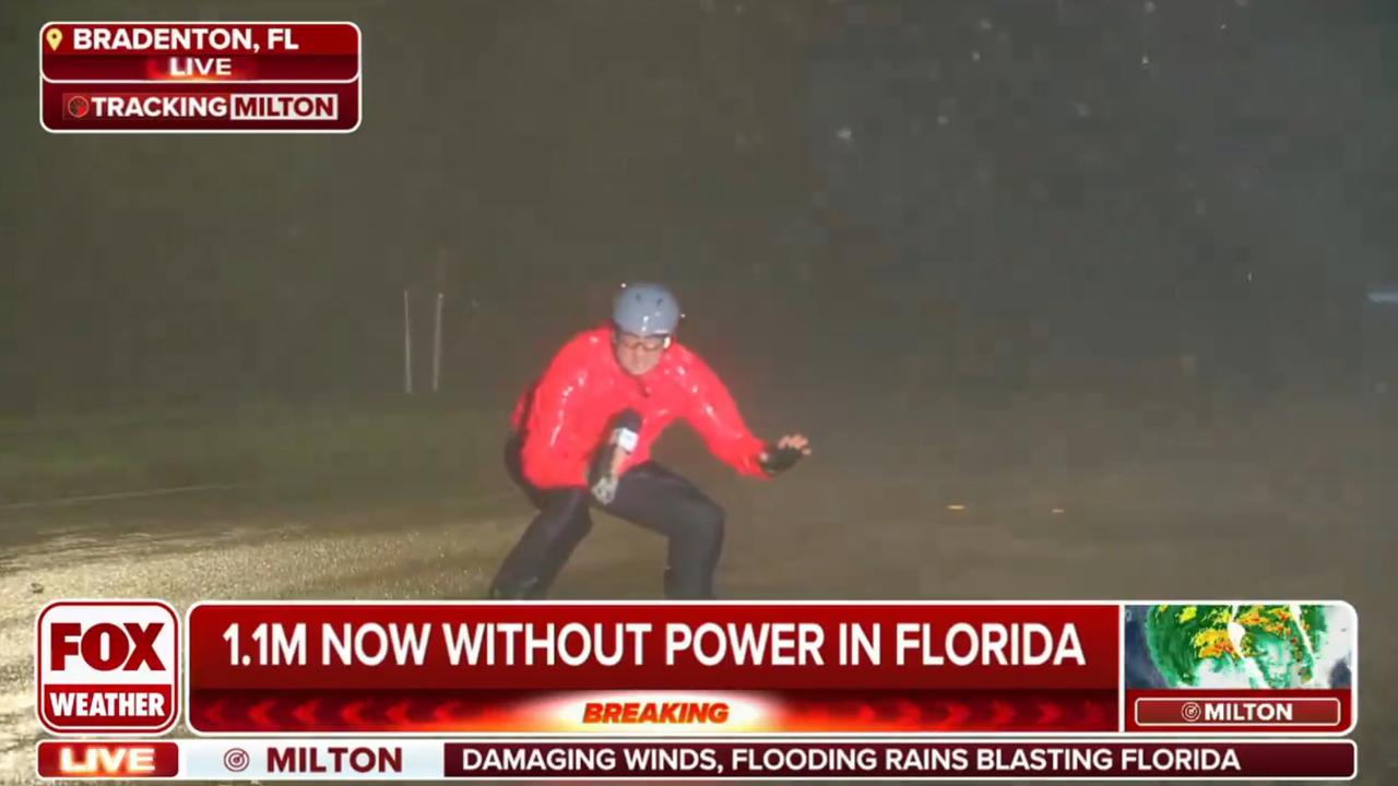 Trudging out with a microphone in hand with winds gusting over 130km/h and relentless sheets of rain, Ray described Milton as the most ferocious storm he’s seen this season.