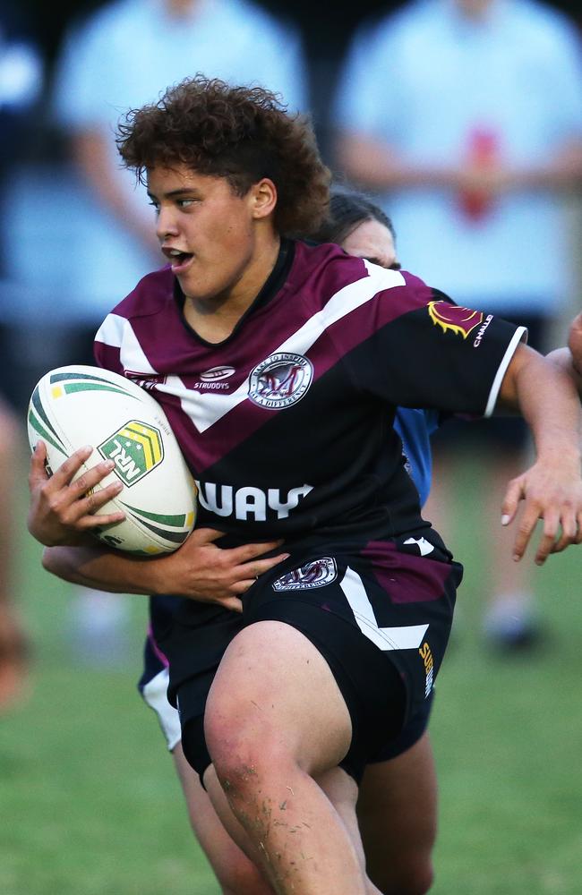 Titans Schools League at Burleigh Bears Junior Rugby League. Year 11/12 Division 1 girls Marymount v Marsden. Marsdens Mackenzie Baty enjoying the game. Picture Glenn Hampson