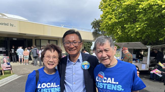 Liberal candidate for the Bellarine Donnie Grigau enlisted his proud parents to help hand out how-to-vote cards.