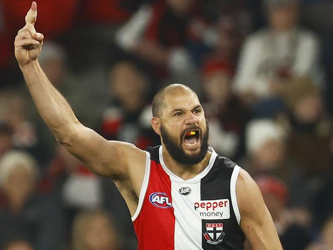 Paddy Ryder celebrates kicking a goal against his former team Essendon during the 2022 season. Picture: Daniel Pockett/Getty Images.