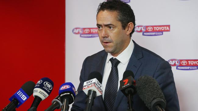 Simon Lethlean facing questions at a press conference. Picture: Getty Images