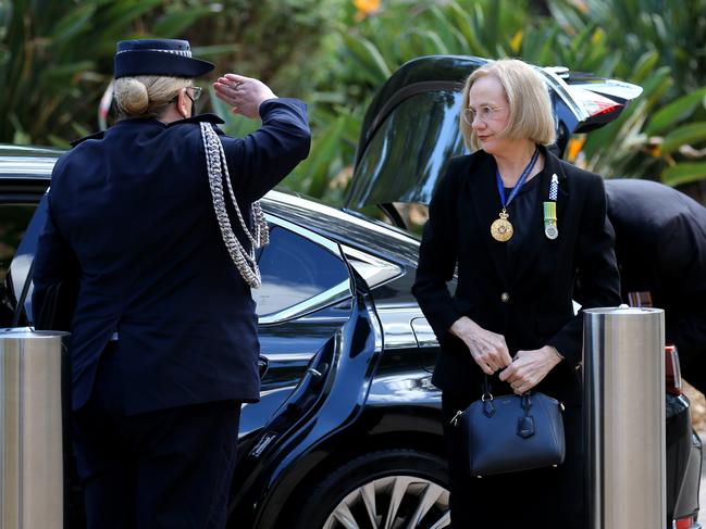 Governor Jeannette Young at the memorial service with full police honours for constables Rachel McCrow and Matthew Arnold at Brisbane Entertainment Centre. Picture: David Clark