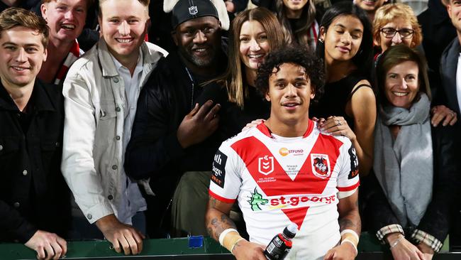 Tristan Sailor with his parents after making his NRL debut. Picture: Matt King/Getty Images