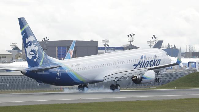 An Alaska Airlines Boeing 737-9 Max lands at Paine Field near Boeing's manufacturing facility in Everett, Washington state, in March. Picture: AP