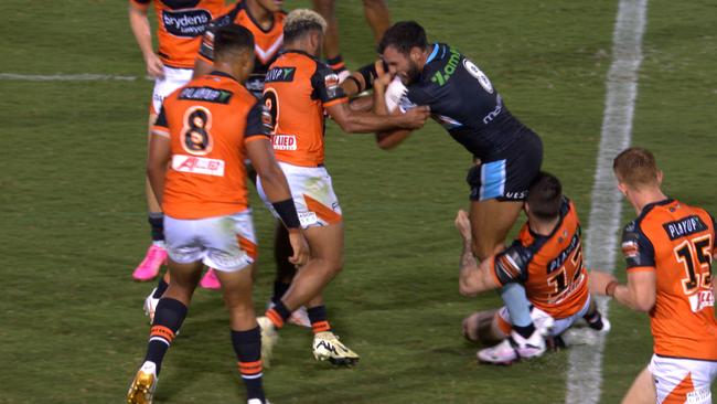 The tackle that injured Sharks prop Toby Rudolf.