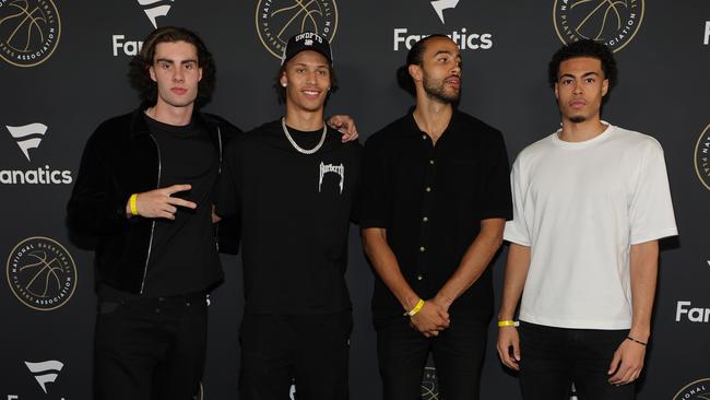 Boomers young guns: Josh Giddey (L), Dyson Daniels (2L), Xavier Cooks (2R). Picture: Ethan Miller/Getty Images for Fanatics