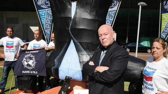 MUA Secretary Christy Cain (centre) in a protest against Chevron outside the APPEA Conference in Perth in 2014. Picture: Colin Murty