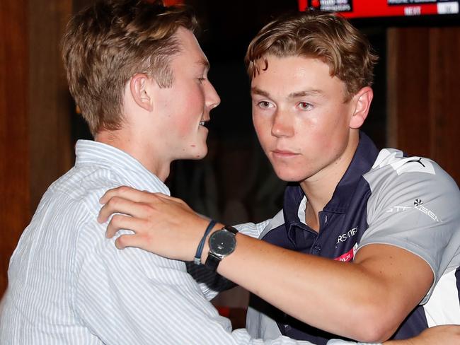 MELBOURNE, AUSTRALIA - DECEMBER 09: Tanner Bruhn celebrates after his name is read out during the NAB AFL Draft on December 09, 2020 in Melbourne, Australia. (Photo by Michael Willson/AFL Photos via Getty Images)