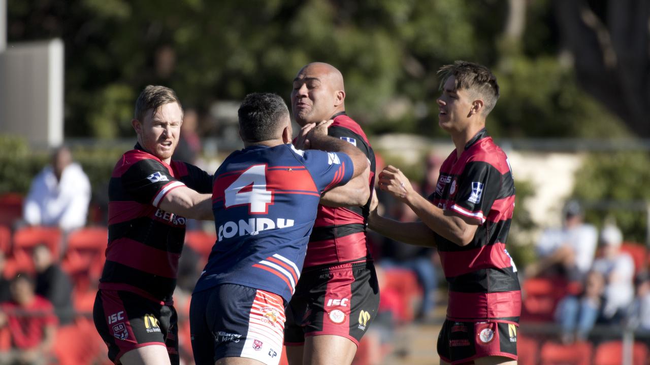 Mathew Marshall, Warwick and Joe Mua, Valleys. TRL grand final, Valleys vs Warwick Cowboys. Sunday, 8th Sep, 2019.