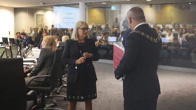 Deputy Mayor Donna Gates talking to Mayor Tom Tate at the Evandale chambers. Picture: Glenn Hampson.