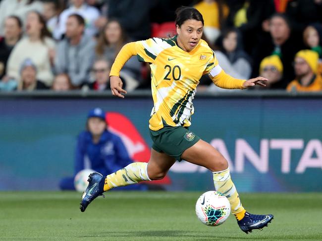 Sam Kerr joined the Matildas training camp despite her injury. Picture: AAP Image/James Elsby