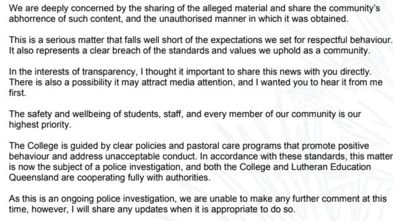 A letter from Good Shepherd Lutheran College to parents and caregivers after disturbing online content was revealed.