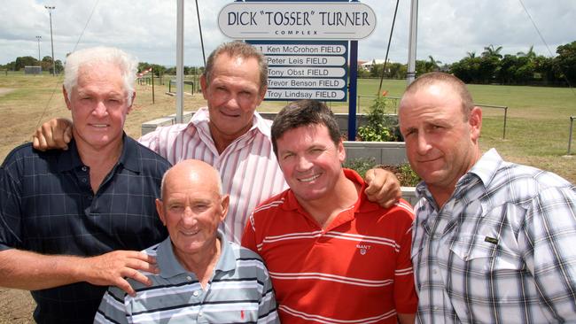 League legends Ken McCrohon, Peter Leis, Tony Obst, Trevor Benson and Troy Lindsay at the naming the Dick "Tosser" Turner playing fields in Redcliffe.