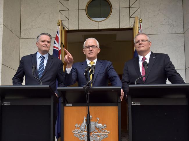 Finance Minister Mathias Cormann, Prime Minister Malcolm Turnbull and Treasurer Scott Morrison face the media this afternoon. Picture: Mark Graham/AFP