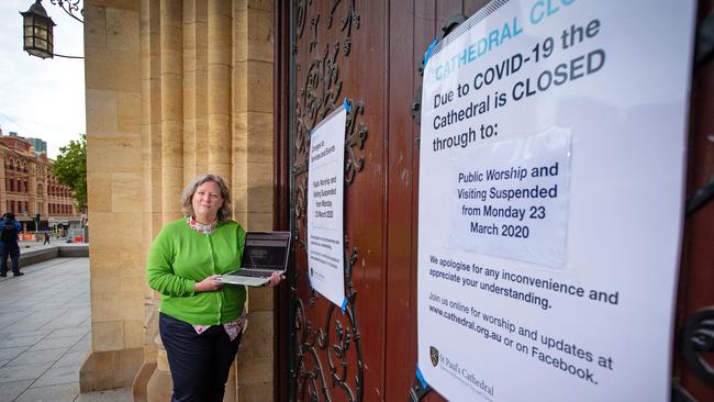 Dean of Melbourne's St Paul's Cathedral Heather Patacca prepares to go online during the crisis. Picture: Mark Stewart