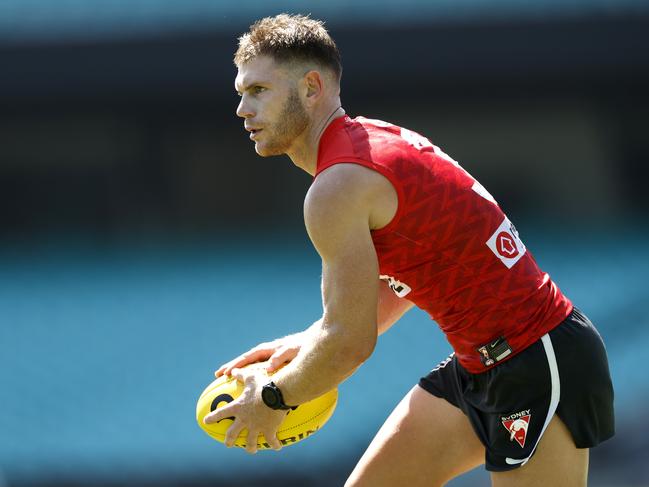 Adams could find it difficult to return to the Swans’ midfield if they remain undefeated by the time he is ready to make a comeback. Picture: Phil Hillyard