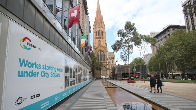 Melbourne’s busy City Square has officially closed for five years as major construction work starts on the Metro Rail Tunnel. Picture: David Crosling