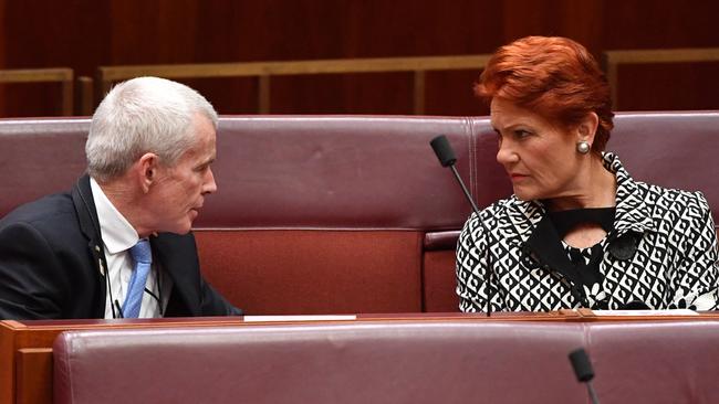 One Nation senator Malcolm Roberts and party leader Pauline Hanson. Picture: AAP