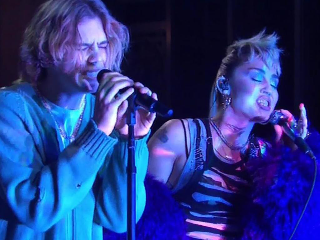 The Kid Laroi and Miley Cyrus perform his hit single Without You on Saturday Night Live. Picture: NBC/BACKGRID