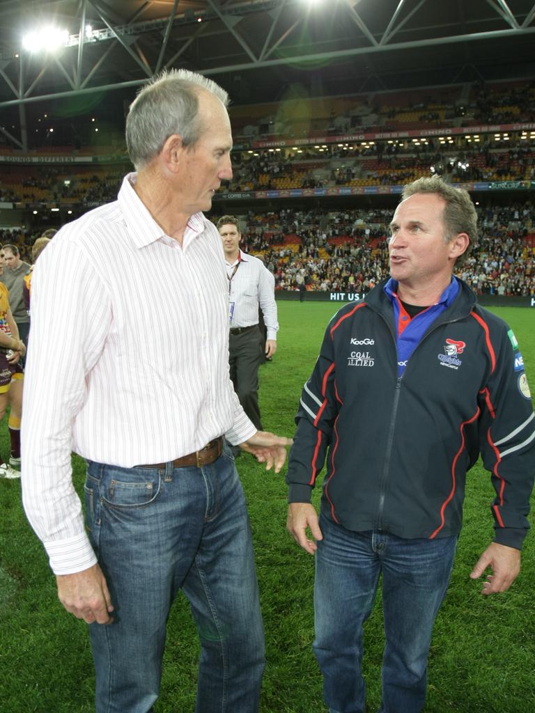 Wayne Bennett with Newcastle coach Brian Smith in 2008. The pair had a mixed relationship.