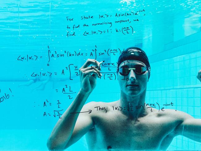 Australian swimming sensation Cameron McEvoy who is chasing five gold medals at next month's Rio olympics, takes time out to catch up on his homework pool side. McEvoy is currently completing a degree, majoring in physics and mathematics, at griffith university in Queensland.