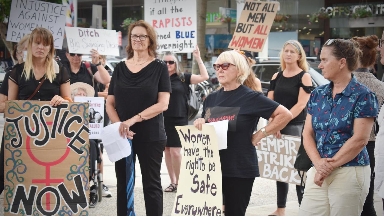 Protesters gathered at City Square on Monday for the March 4 Justice event in Coffs Harbour.