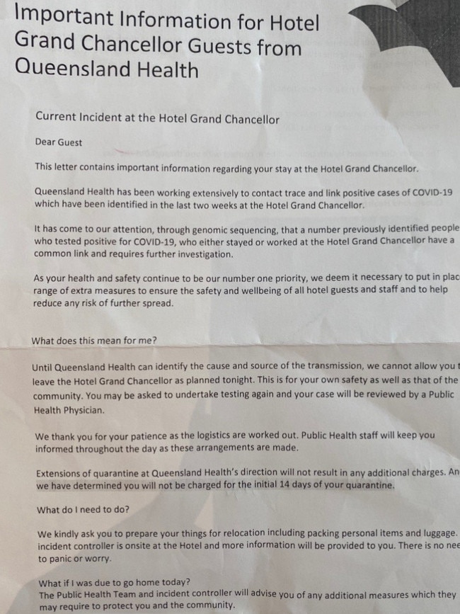 A letter from Queensland Health to Hotel Grand Chancellor guests the day they were forced into another 14-day lockdown.