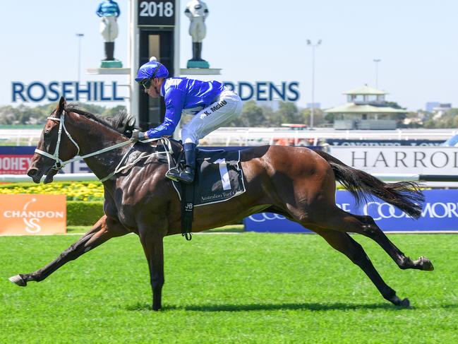 Champion horse Winx during exhibition gallop. Chandon S Ladies Day at Rosehill Gardens in Sydney, Saturday, March 17, 2018. (AAP Image/Rafal Kontrym) NO ARCHIVING, EDITORIAL USE ONLY