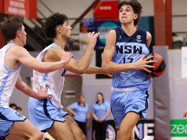 Flynn Pavely in action for NSW Metro against NSW Country in a trial match ahead of the 2024 U18 basketball nationals. Picture: Daniel Bennett.