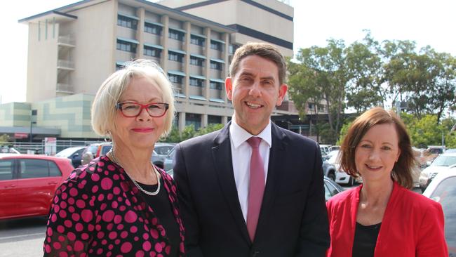 Patient Wendy Callaghan, Minister for Health Cameron Dick and State Labor MP for Redcliffe Yvette D'Ath at Redcliffe Hospital after announcing plans to build a multistorey carpark. Photo: Erin Smith