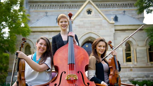 Isabella Sampson, Anna Butters, centre, and Teagan Short pictured at Elder Hall in 2012. Picture: Luke Hemer