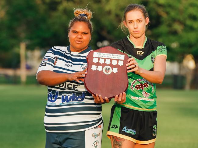 2020 NRL NT Women's Grand Final grand final participants Bianca Scymgeour from Sistaz and Palmerston's Simone Garner.Picture GLENN CAMPBELL