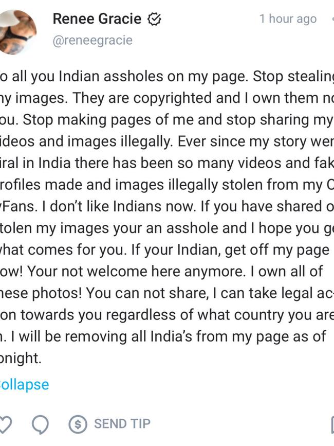 Renee Gracie’s rant against Indians on her OnlyFans page. Picture: Supplied