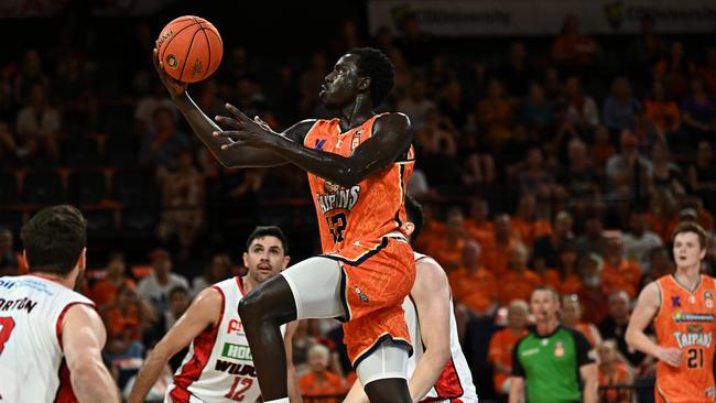 Bul Kuol of the Taipans drives to the basket during the round two NBL match between Cairns Taipans and Perth Wildcats at Cairns Convention Centre, on October 10, 2022, in Cairns, Australia. Picture: Emily Barker/Getty Images