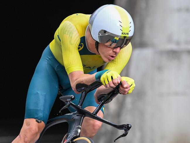 Australia's Dennis Rohan competes in the men's cycling road individual time trial during the Tokyo 2020 Olympic Games at the Fuji International Speedway in Oyama, Japan, on July 28, 2021. (Photo by Greg Baker / AFP)