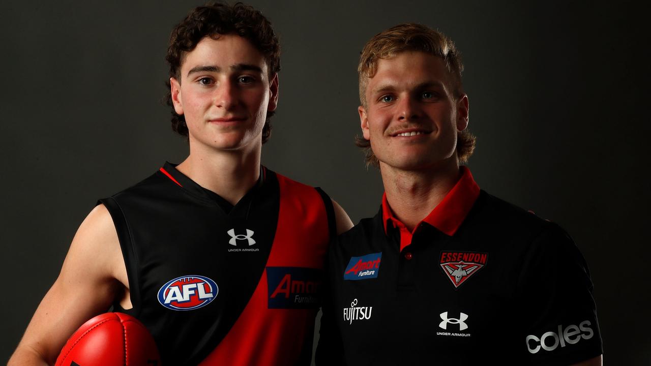 Elijah Tsatas and new Essendon teammate Ben Hobbs. Picture: Darrian Traynor/AFL Photos