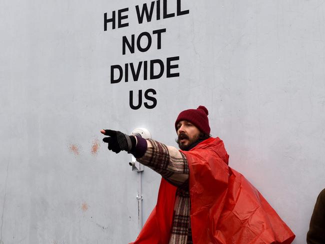 US actor Shia LaBeouf during his “He Will Not Divide Us” livestream, protesting President Trump, outside the Museum of the Moving Image in New York in January. Picture: AFP/Timothy A Clary