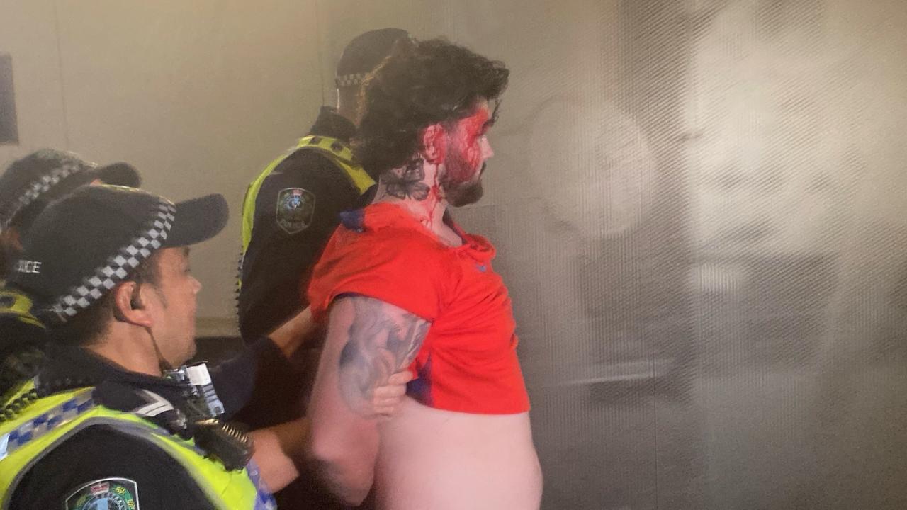 A fan is arrested at The Drive fan venue during the Matildas vs. England game. Picture: Todd Lewis