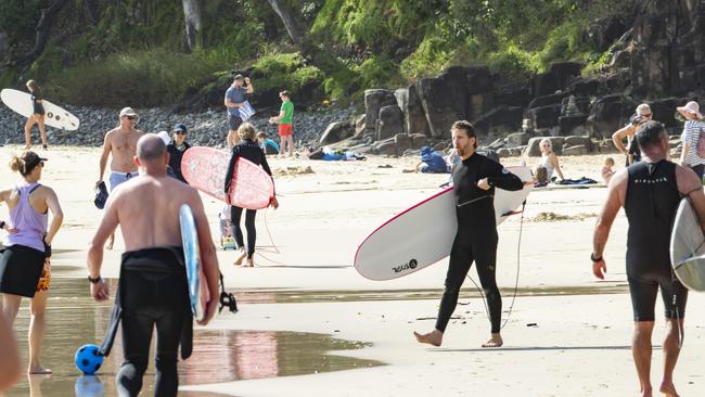 Surfers flock to the Noosa during the lockdown. Picture Lachie Millard