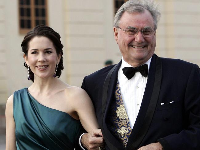 29/04/2006. Princess Mary of Denmark with her father-in-law Prince Henrik at King Carl Gustof 60th birthday private dinner celebrations at Drottningholm Palace, Sweden.